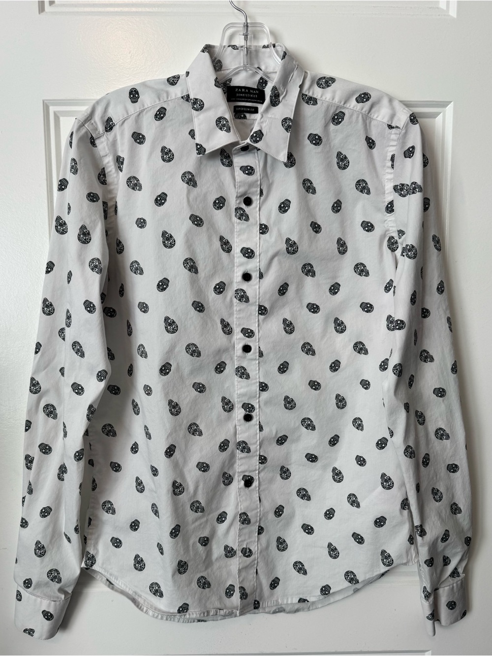 Zara Man Skull Print Button Down Shirt Super Slim Fit White Black Medium Edgy